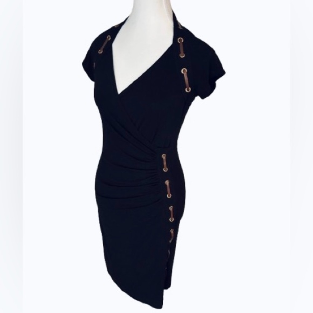 Carmen Marc Valvo Black Dress Ruching Brown faux Leather Western Country